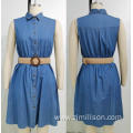 Woven Blue Denim Belt Dress